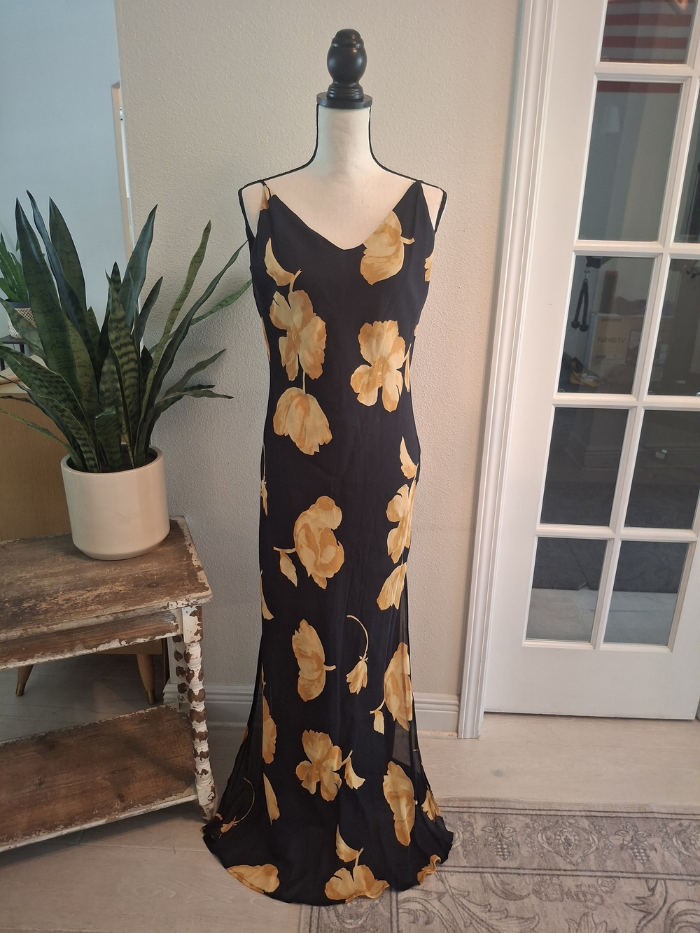 Nina Austin Black Maxi Slip Dress with Yellow Floral Print